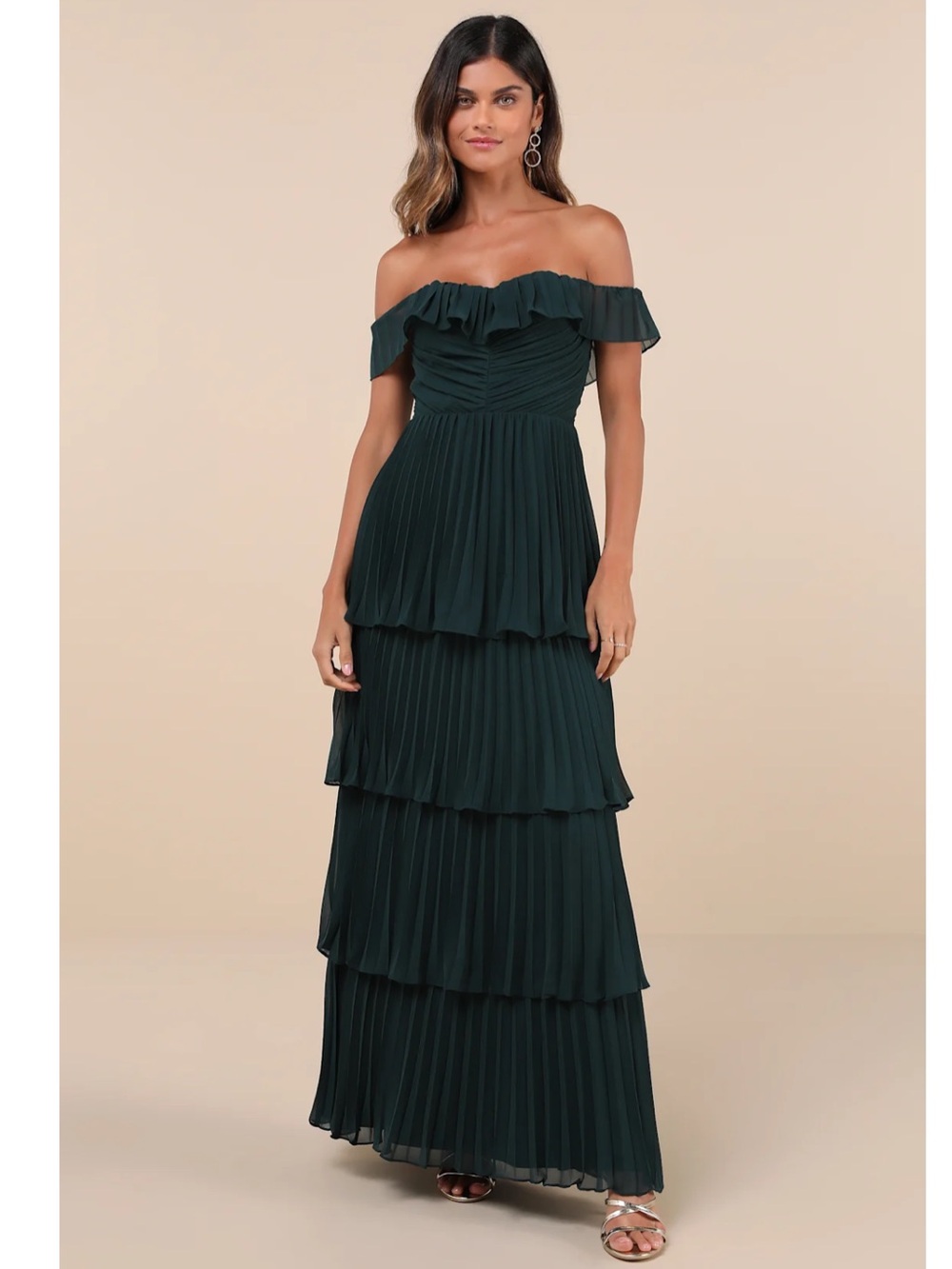 Lulus Always Remarkable Emerald Green Pleated Off-Shoulder Tiered Maxi Dress